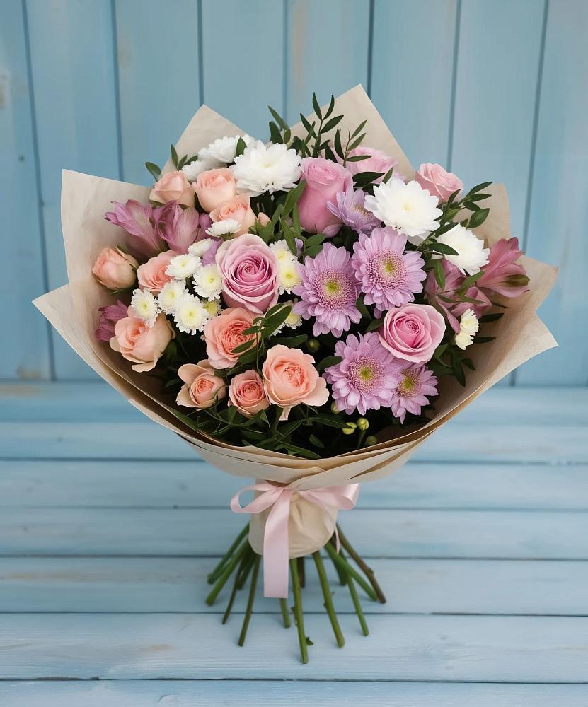 Букет цветов из: Хризантемы, Розы и Альстромерии в Льве Толстом