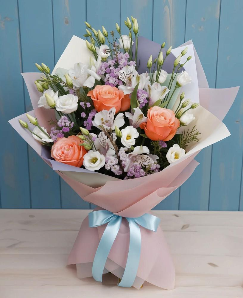 Букет цветов из: Лизиантусы, Розы, Альстромерии и Гипсофила в Льве Толстом