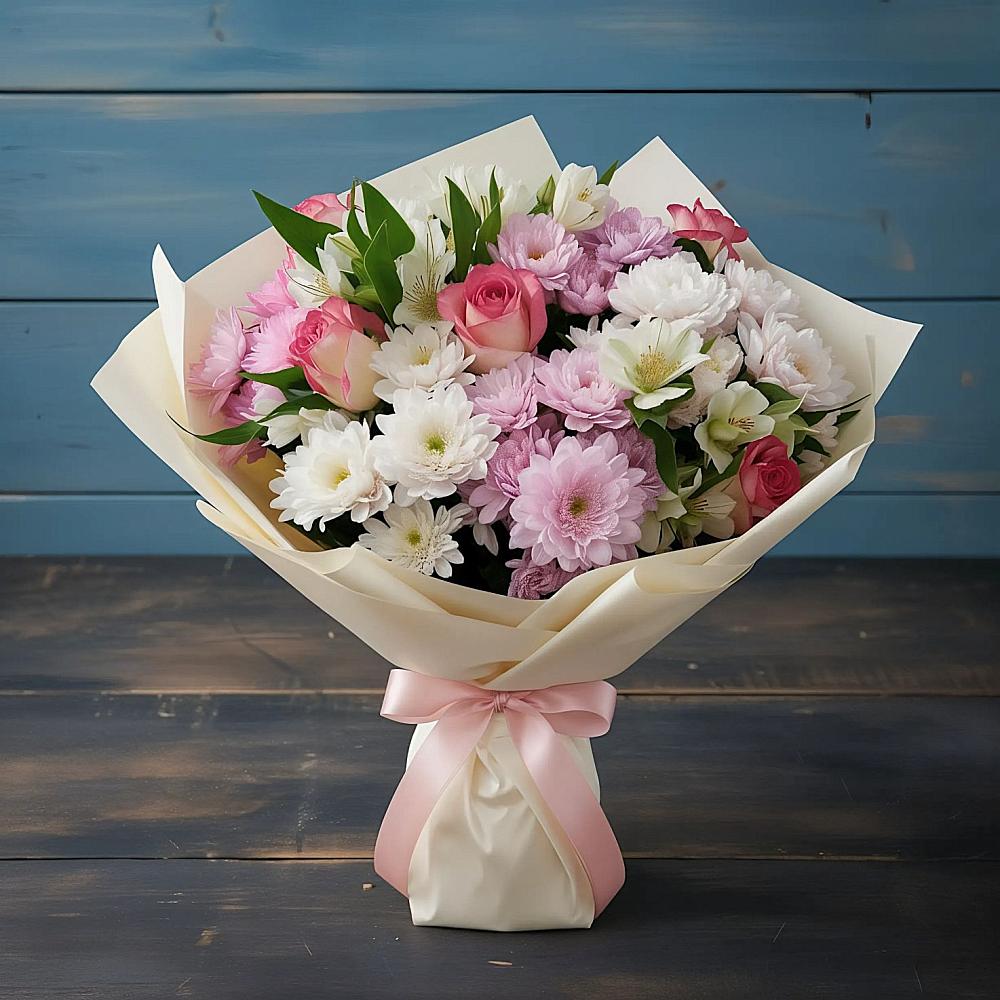 Букет цветов из: Хризантемы, Альстромерии и Розы в Льве Толстом